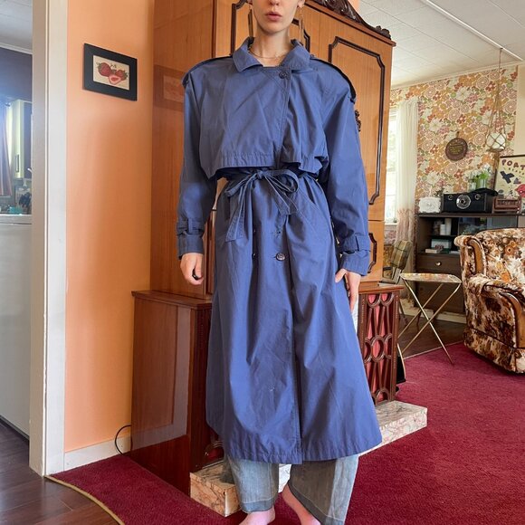 1980s classic double breasted belted periwinkle long trench coat! - Picture 9 of 16